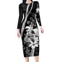 Hawaii Ukulele Long Sleeve Bodycon Dress Tropical Flowers With Palaka Effect Black Version - Polynesian Pride