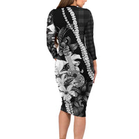 Hawaii Ukulele Long Sleeve Bodycon Dress Tropical Flowers With Palaka Effect Black Version - Polynesian Pride