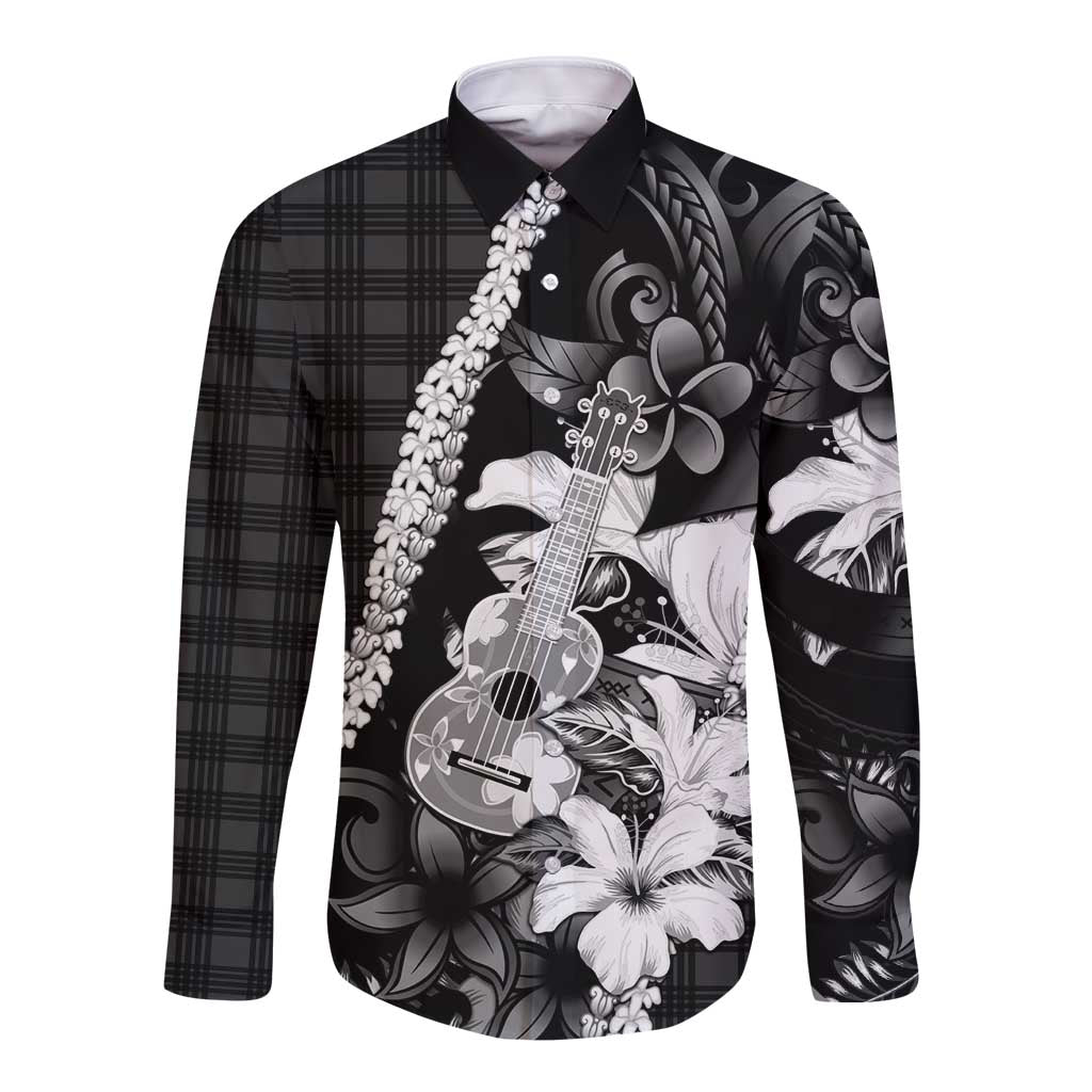 Hawaii Ukulele Long Sleeve Button Shirt Tropical Flowers With Palaka Effect Black Version - Polynesian Pride