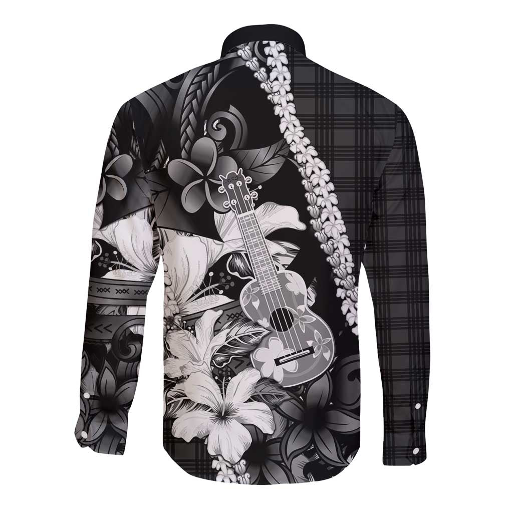 Hawaii Ukulele Long Sleeve Button Shirt Tropical Flowers With Palaka Effect Black Version - Polynesian Pride