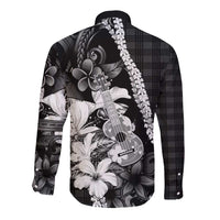 Hawaii Ukulele Long Sleeve Button Shirt Tropical Flowers With Palaka Effect Black Version - Polynesian Pride