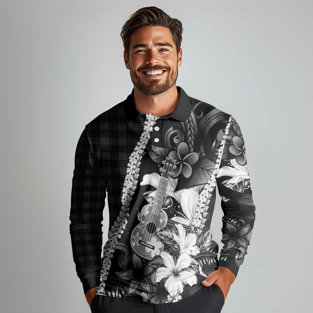 Hawaii Ukulele Long Sleeve Polo Shirt Tropical Flowers With Palaka Effect Black Version - Polynesian Pride
