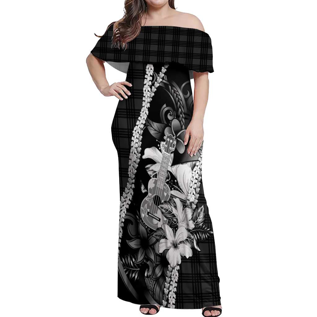 Hawaii Ukulele Off Shoulder Maxi Dress Tropical Flowers With Palaka Effect Black Version - Polynesian Pride