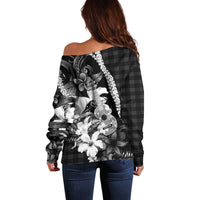 Hawaii Ukulele Off Shoulder Sweater Tropical Flowers With Palaka Effect Black Version - Polynesian Pride