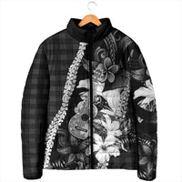 Hawaii Ukulele Padded Jacket Tropical Flowers With Palaka Effect Black Version - Polynesian Pride