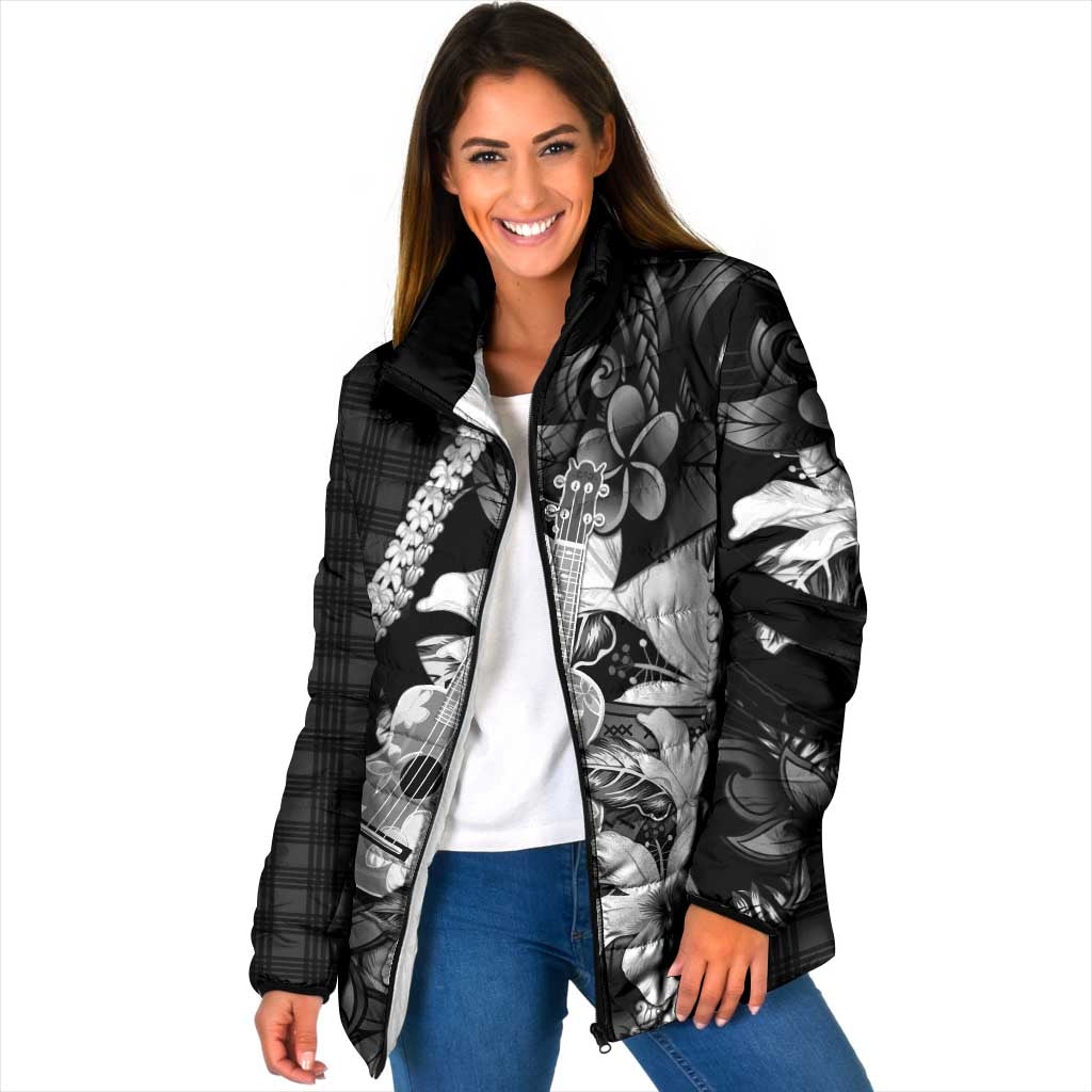 Hawaii Ukulele Padded Jacket Tropical Flowers With Palaka Effect Black Version - Polynesian Pride