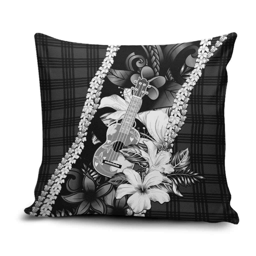 Hawaii Ukulele Pillow Cover Tropical Flowers With Palaka Effect Black Version - Polynesian Pride