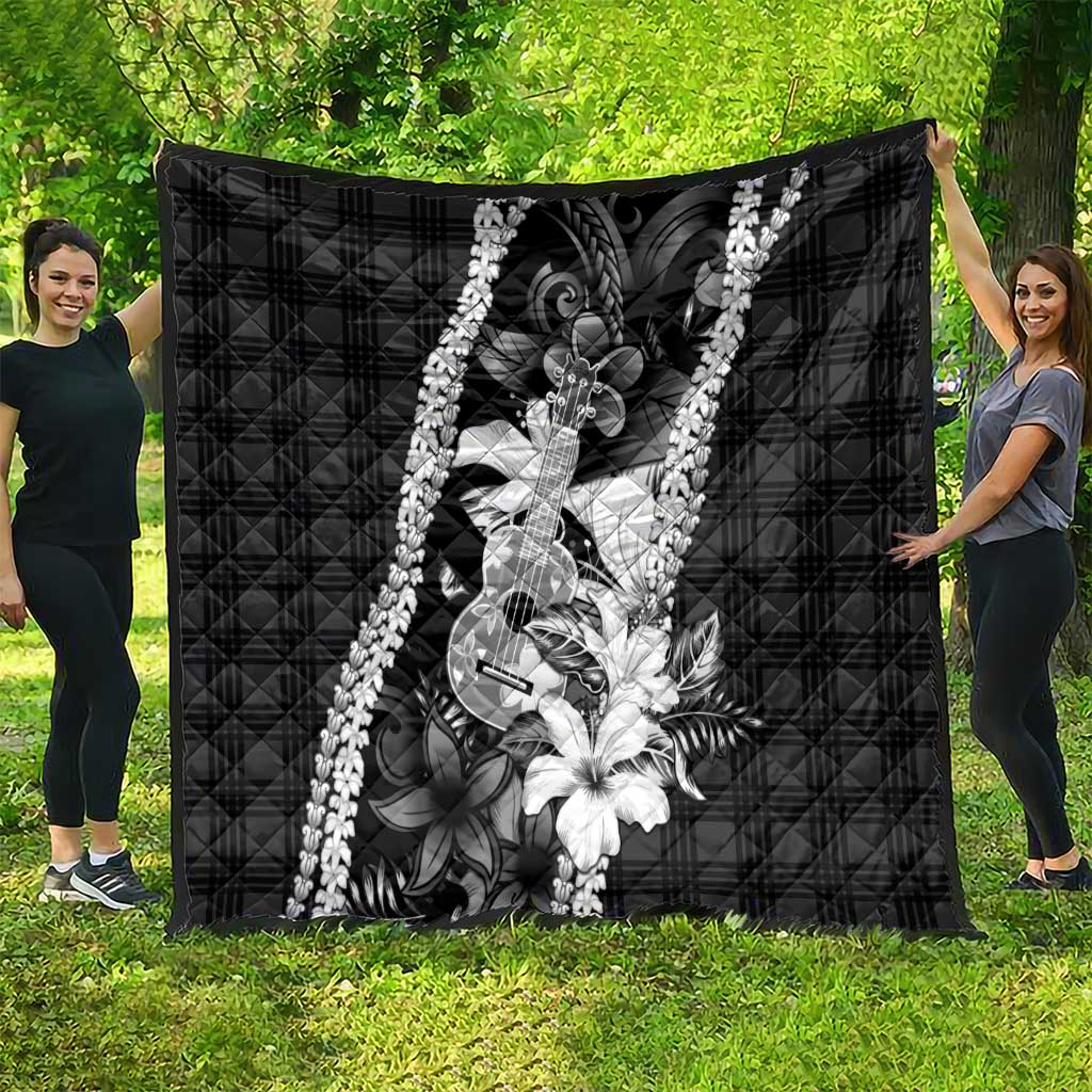 Hawaii Ukulele Quilt Tropical Flowers With Palaka Effect Black Version - Polynesian Pride
