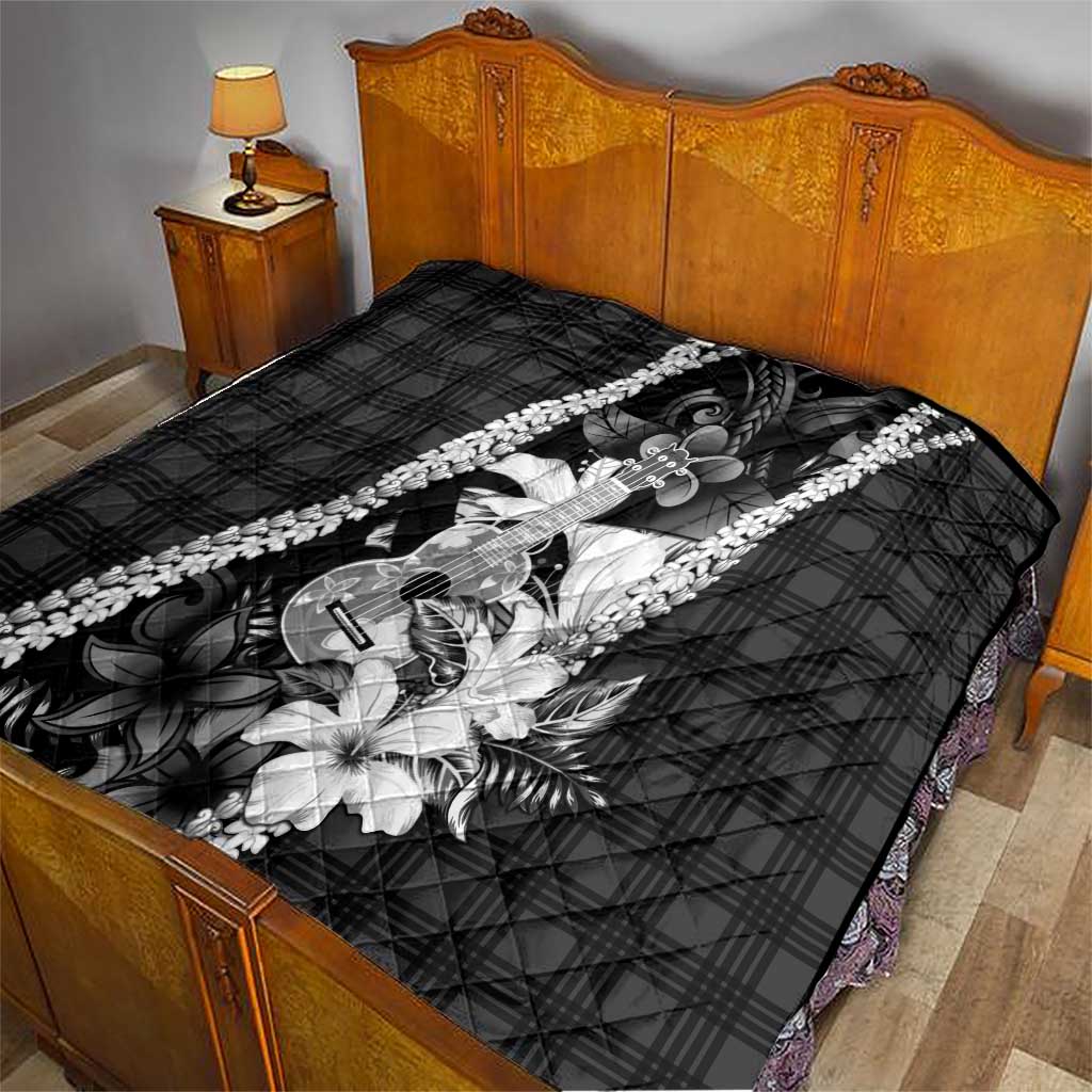 Hawaii Ukulele Quilt Tropical Flowers With Palaka Effect Black Version - Polynesian Pride