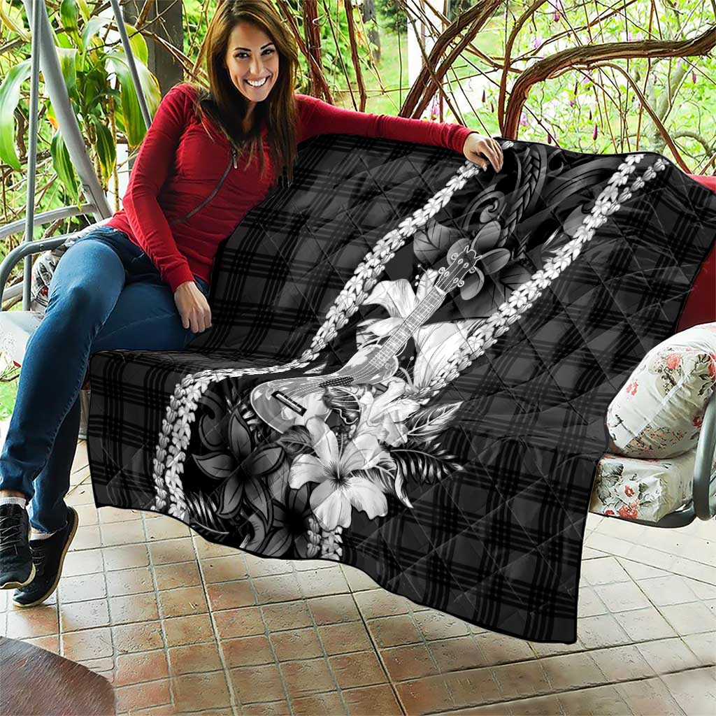 Hawaii Ukulele Quilt Tropical Flowers With Palaka Effect Black Version - Polynesian Pride