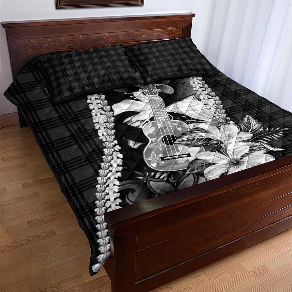Hawaii Ukulele Quilt Bed Set Tropical Flowers With Palaka Effect Black Version - Polynesian Pride