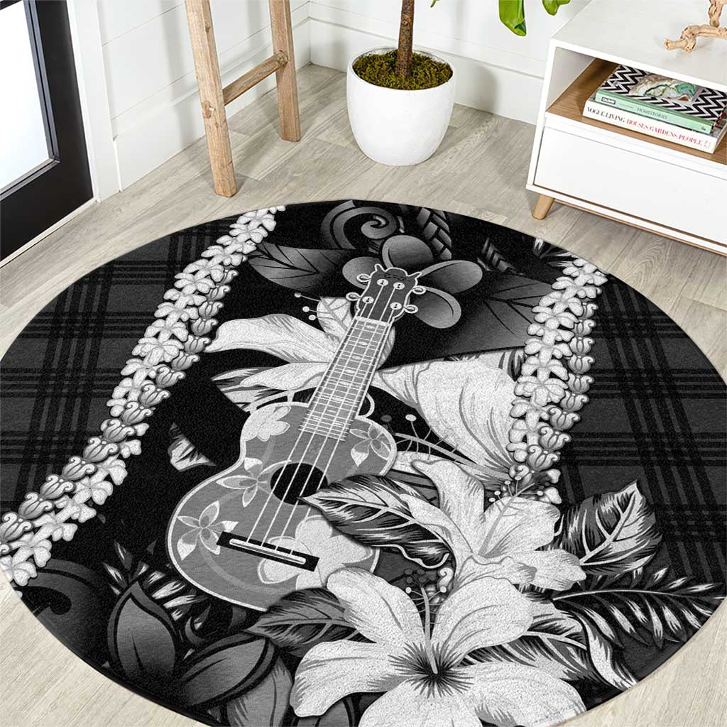 Hawaii Ukulele Round Carpet Tropical Flowers With Palaka Effect Black Version - Polynesian Pride