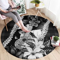 Hawaii Ukulele Round Carpet Tropical Flowers With Palaka Effect Black Version - Polynesian Pride