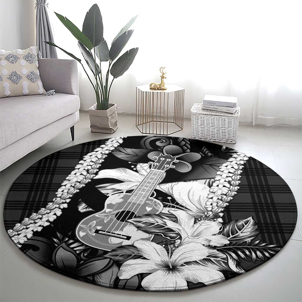 Hawaii Ukulele Round Carpet Tropical Flowers With Palaka Effect Black Version - Polynesian Pride