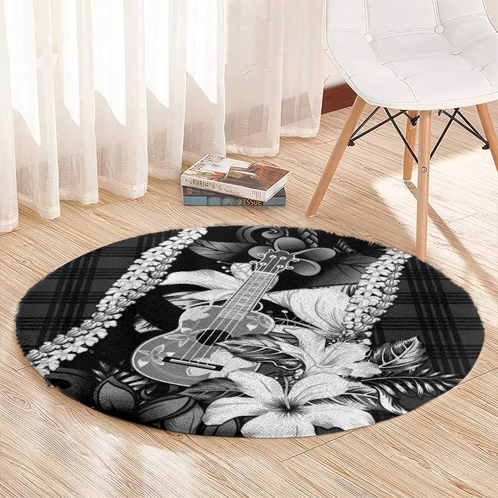 Hawaii Ukulele Round Carpet Tropical Flowers With Palaka Effect Black Version - Polynesian Pride