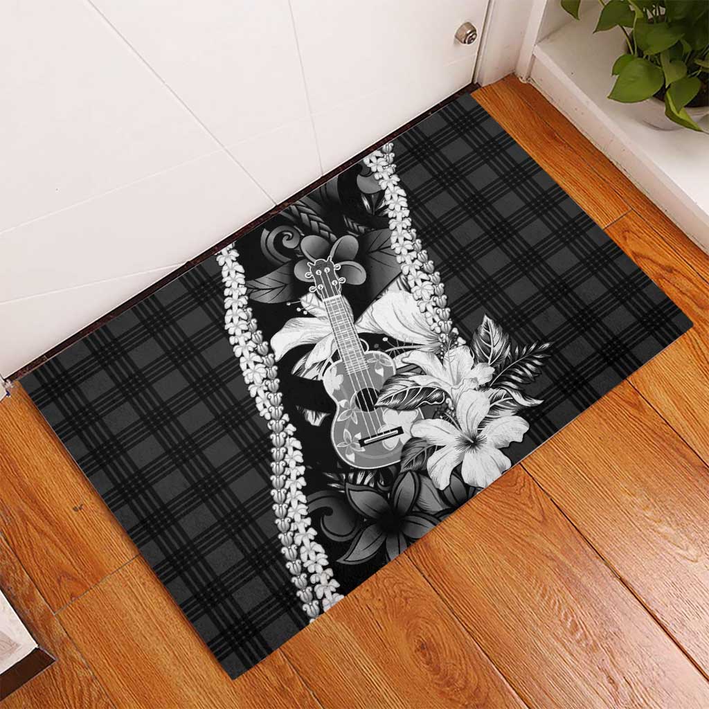 Hawaii Ukulele Rubber Doormat Tropical Flowers With Palaka Effect Black Version - Polynesian Pride