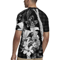 Hawaii Ukulele Rugby Jersey Tropical Flowers With Palaka Effect Black Version - Polynesian Pride