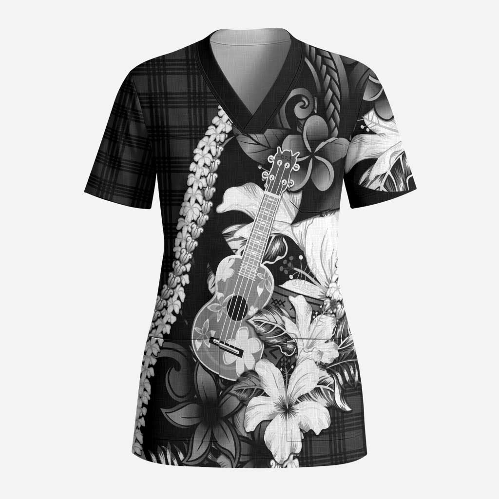 Hawaii Ukulele Scrub Top Tropical Flowers With Palaka Effect Black Version - Polynesian Pride