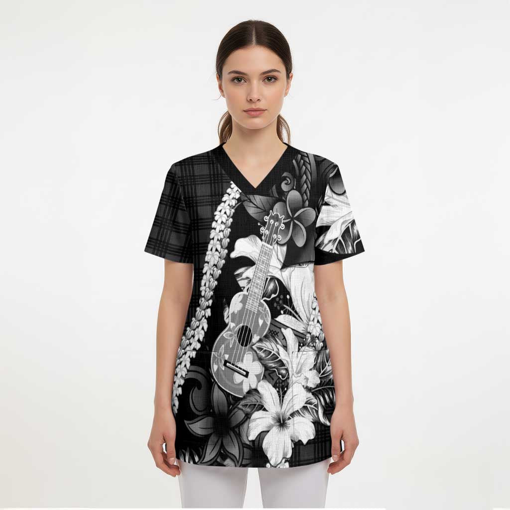 Hawaii Ukulele Scrub Top Tropical Flowers With Palaka Effect Black Version - Polynesian Pride