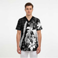Hawaii Ukulele Scrub Top Tropical Flowers With Palaka Effect Black Version - Polynesian Pride