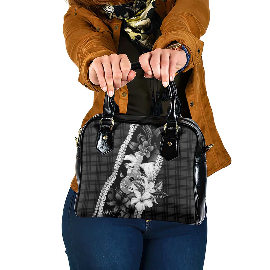 Hawaii Ukulele Shoulder Handbag Tropical Flowers With Palaka Effect Black Version - Polynesian Pride