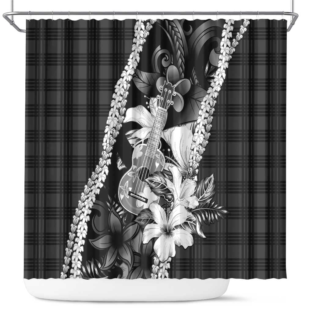 Hawaii Ukulele Shower Curtain Tropical Flowers With Palaka Effect Black Version - Polynesian Pride