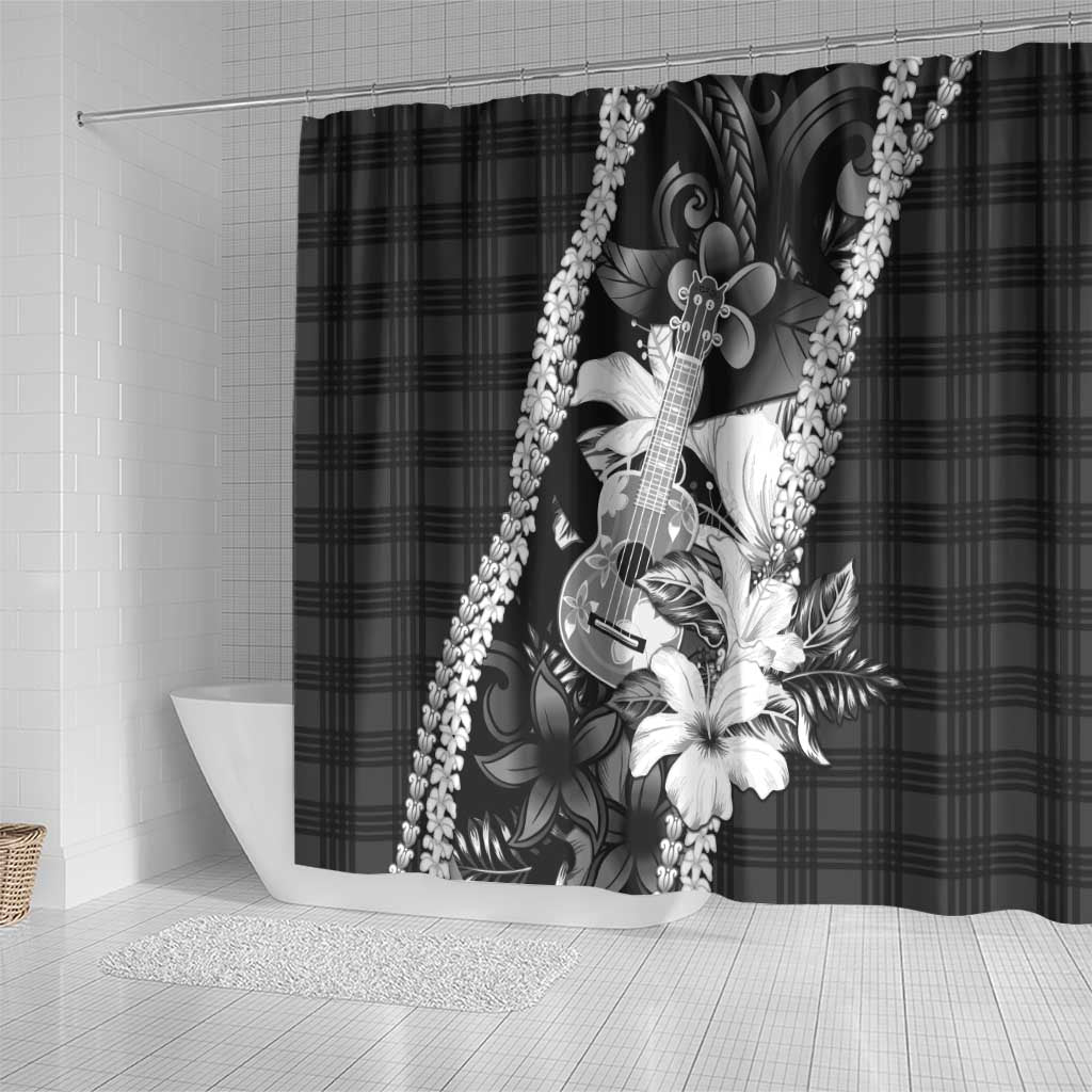 Hawaii Ukulele Shower Curtain Tropical Flowers With Palaka Effect Black Version - Polynesian Pride