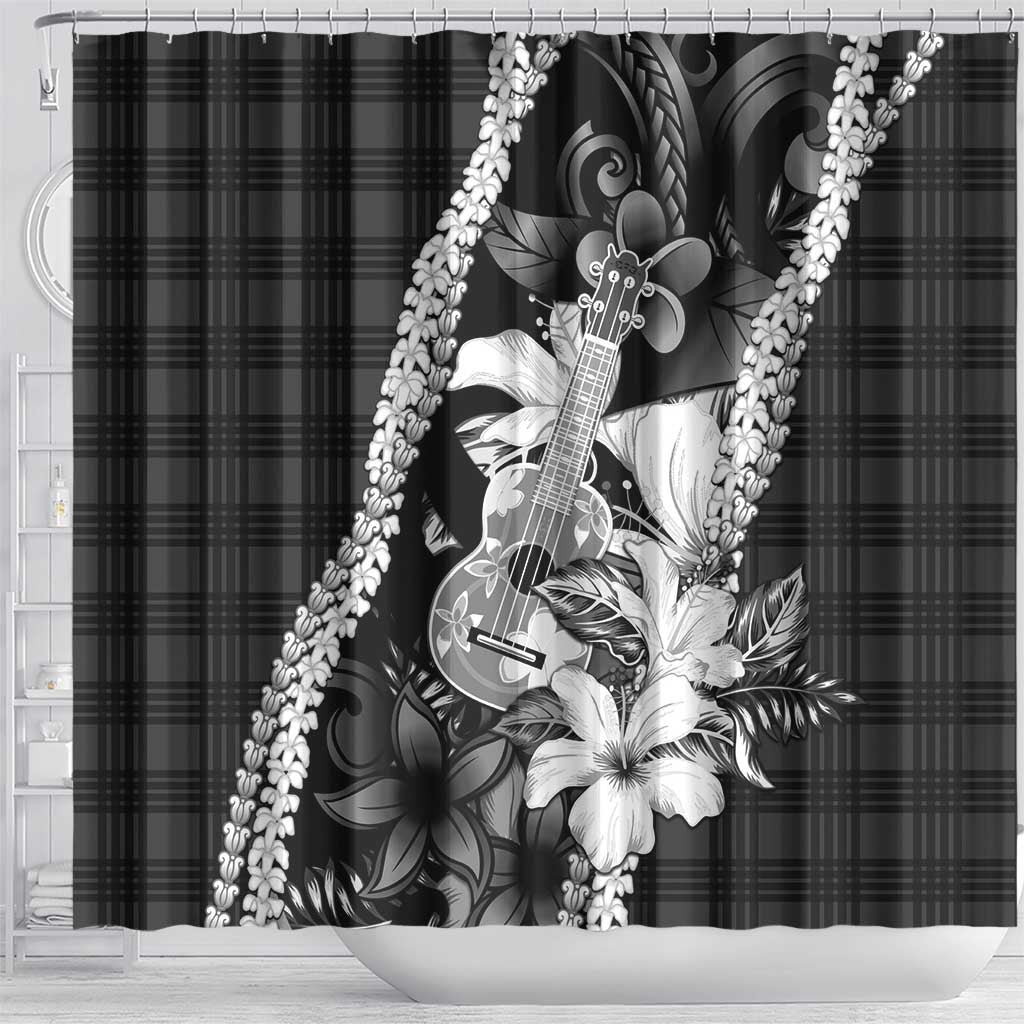 Hawaii Ukulele Shower Curtain Tropical Flowers With Palaka Effect Black Version - Polynesian Pride