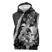 Hawaii Ukulele Sleeveless Hoodie Tropical Flowers With Palaka Effect Black Version - Polynesian Pride
