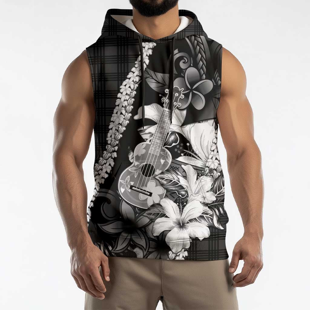 Hawaii Ukulele Sleeveless Hoodie Tropical Flowers With Palaka Effect Black Version - Polynesian Pride