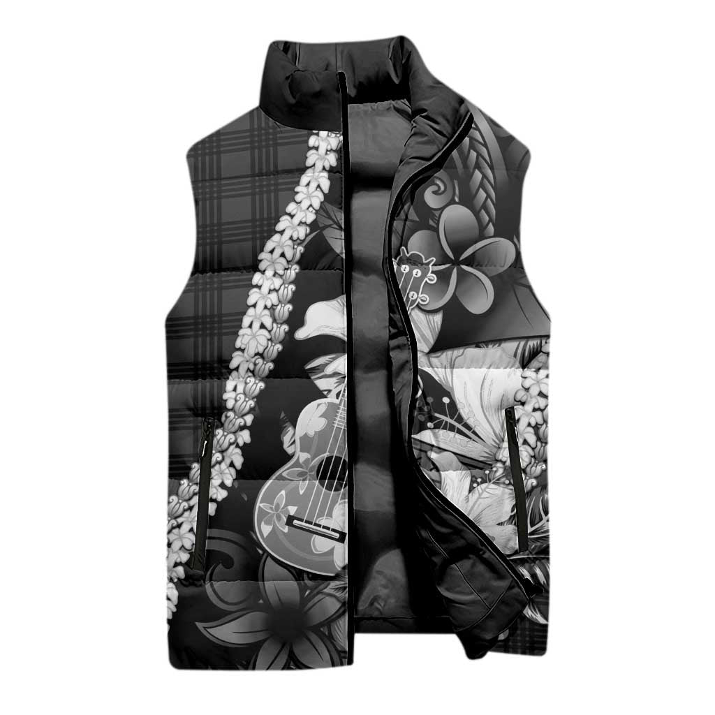 Hawaii Ukulele Sleeveless Puffer Jacket Tropical Flowers With Palaka Effect Black Version - Polynesian Pride