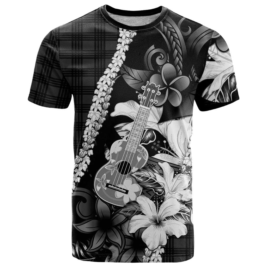 Hawaii Ukulele T Shirt Tropical Flowers With Palaka Effect Black Version - Polynesian Pride
