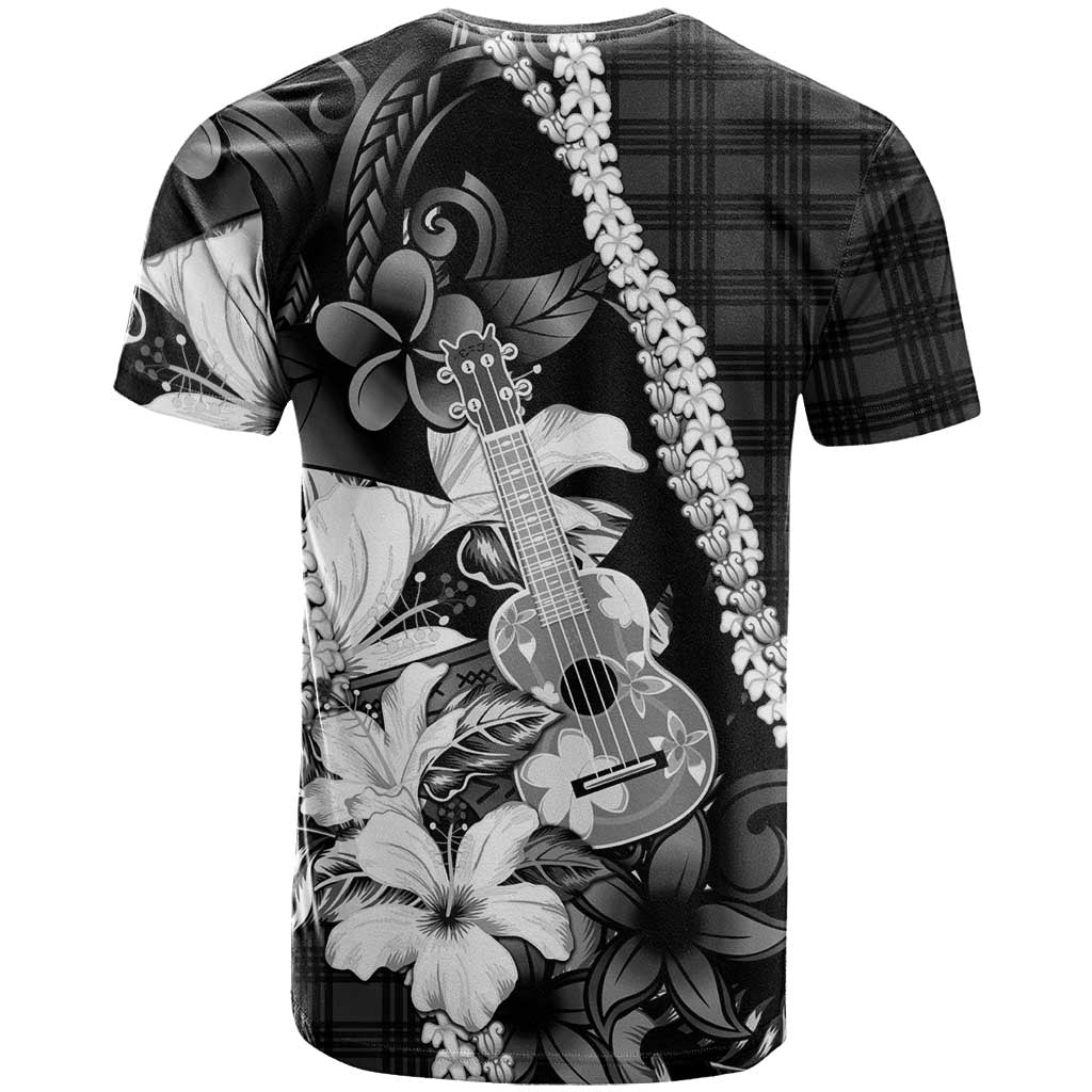 Hawaii Ukulele T Shirt Tropical Flowers With Palaka Effect Black Version - Polynesian Pride