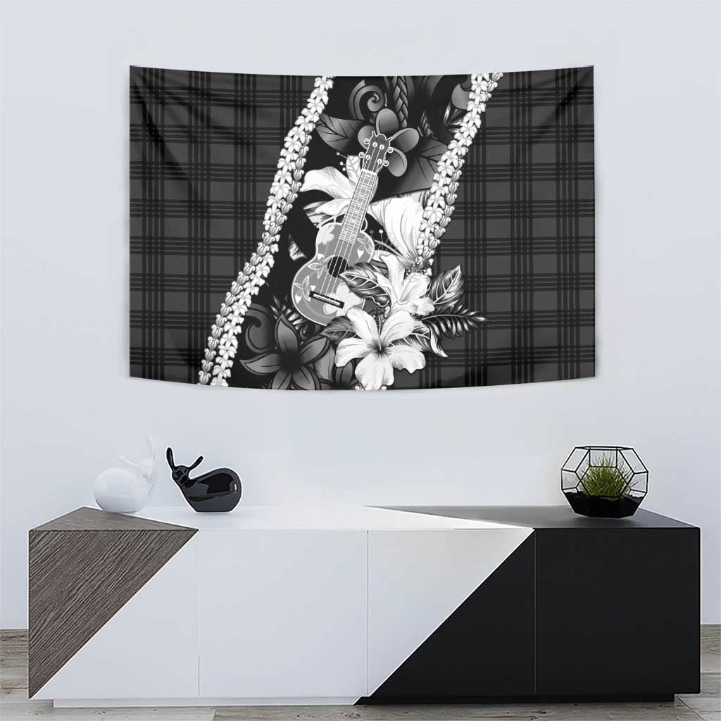 Hawaii Ukulele Tapestry Tropical Flowers With Palaka Effect Black Version - Polynesian Pride