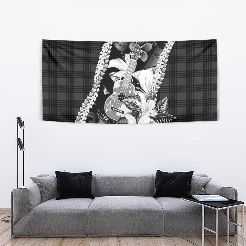 Hawaii Ukulele Tapestry Tropical Flowers With Palaka Effect Black Version - Polynesian Pride