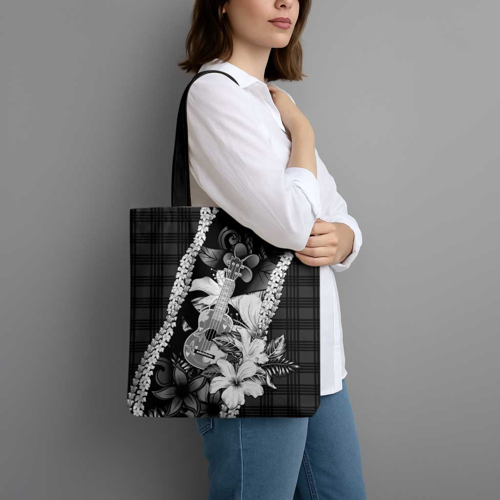 Hawaii Ukulele Tote Bag Tropical Flowers With Palaka Effect Black Version - Polynesian Pride
