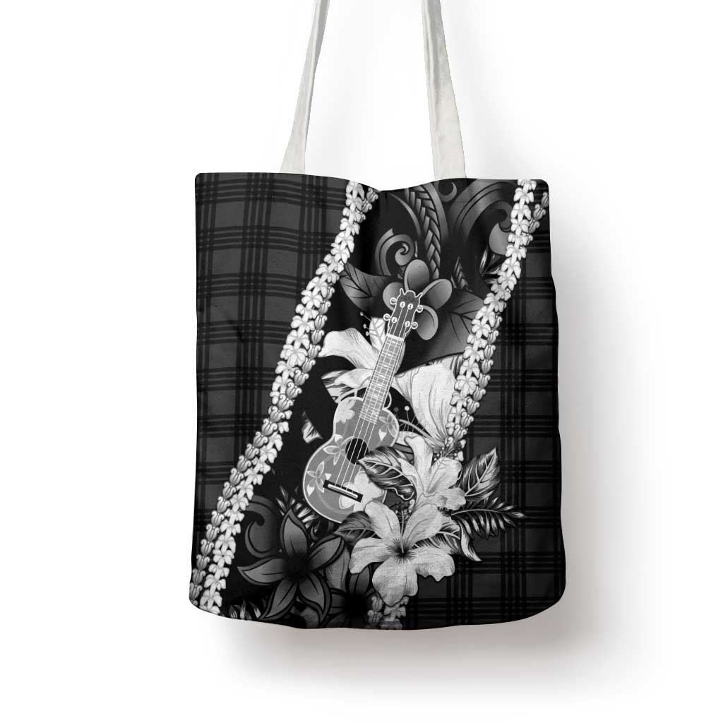 Hawaii Ukulele Tote Bag Tropical Flowers With Palaka Effect Black Version - Polynesian Pride
