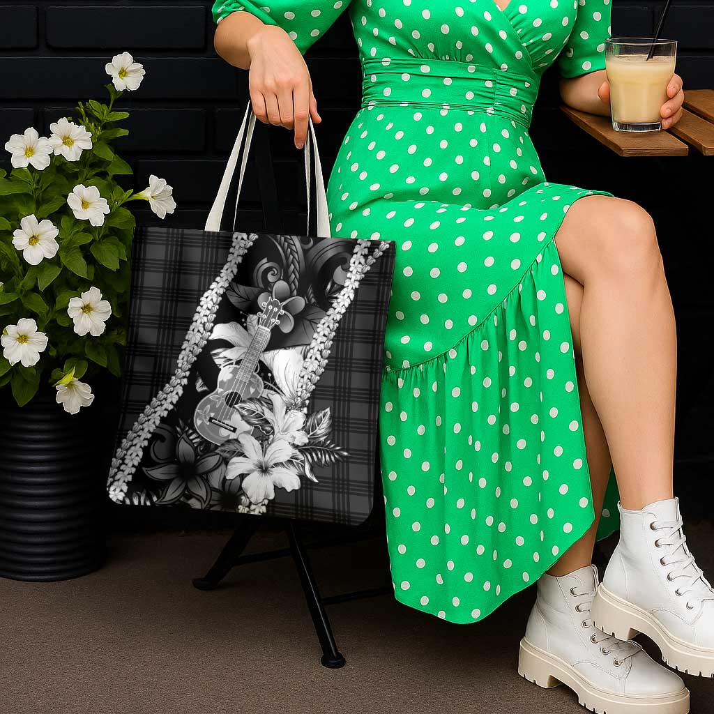 Hawaii Ukulele Tote Bag Tropical Flowers With Palaka Effect Black Version - Polynesian Pride