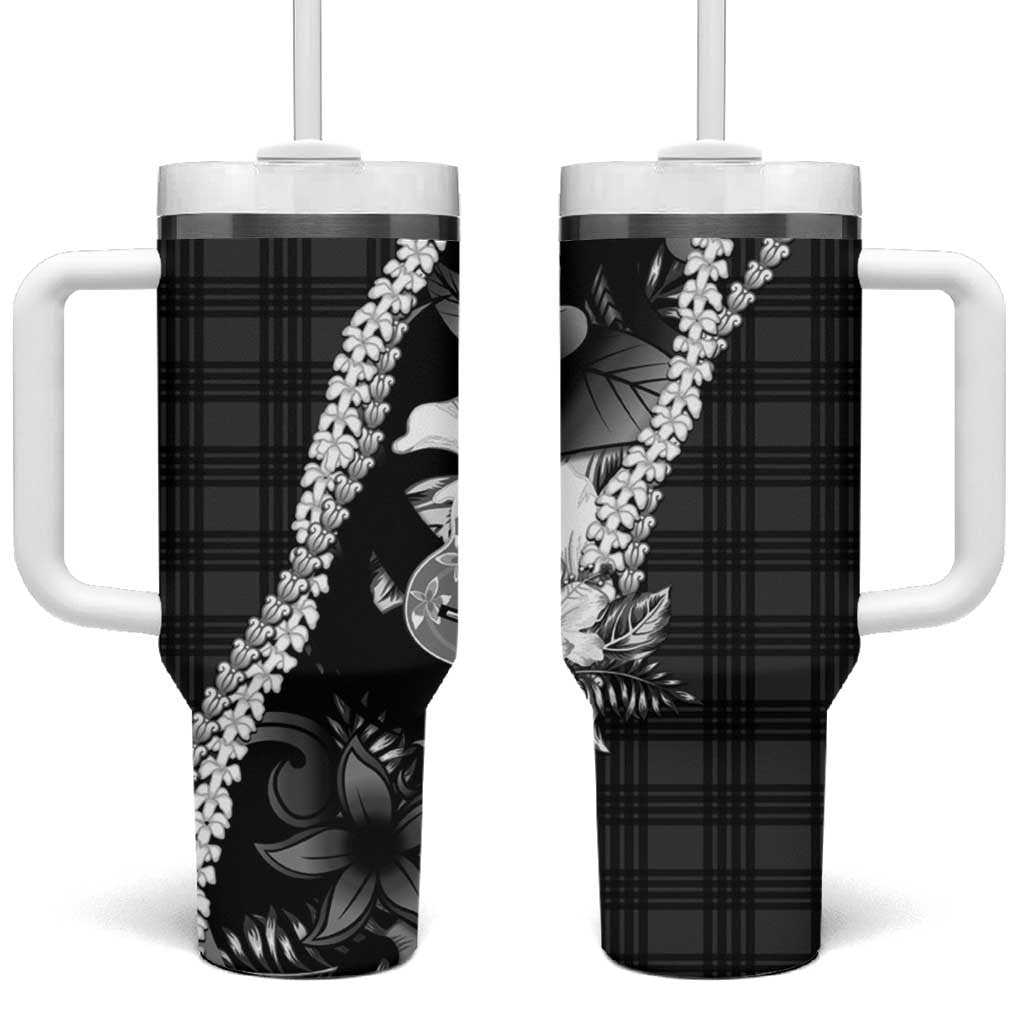 Hawaii Ukulele Tumbler With Handle Tropical Flowers With Palaka Effect Black Version - Polynesian Pride