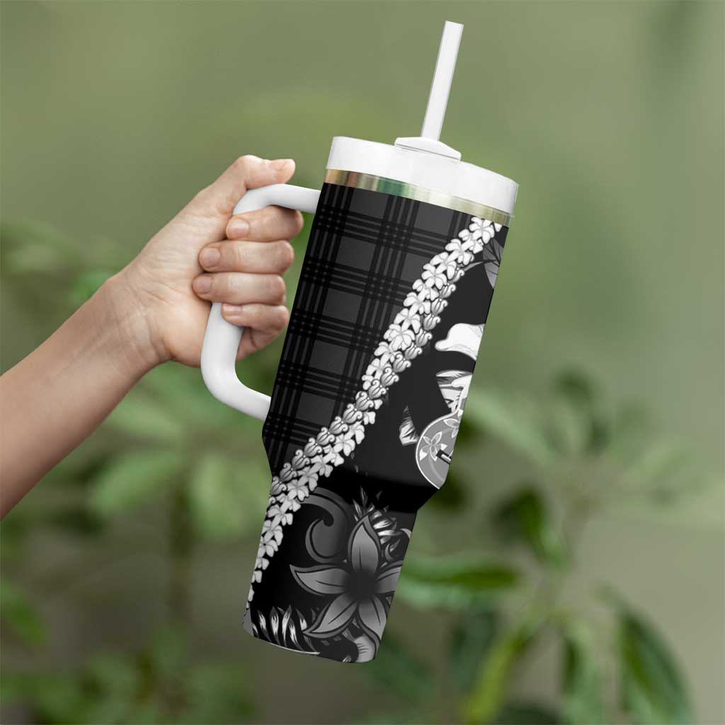 Hawaii Ukulele Tumbler With Handle Tropical Flowers With Palaka Effect Black Version - Polynesian Pride