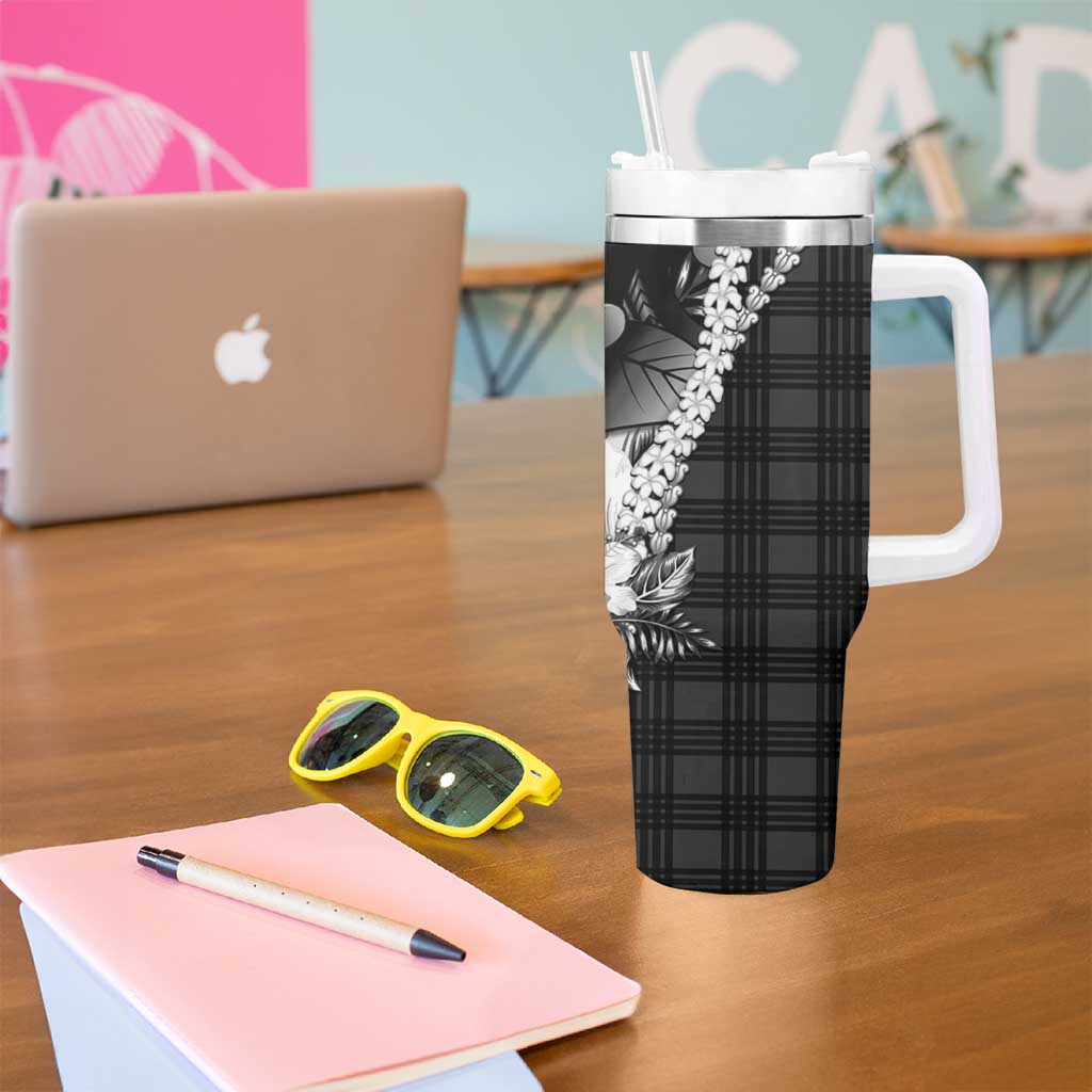 Hawaii Ukulele Tumbler With Handle Tropical Flowers With Palaka Effect Black Version - Polynesian Pride