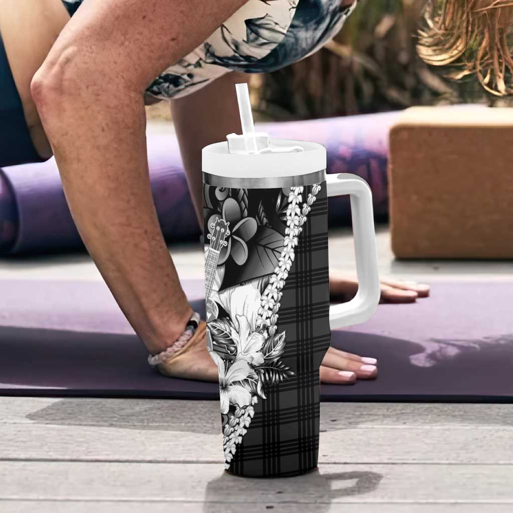 Hawaii Ukulele Tumbler With Handle Tropical Flowers With Palaka Effect Black Version - Polynesian Pride