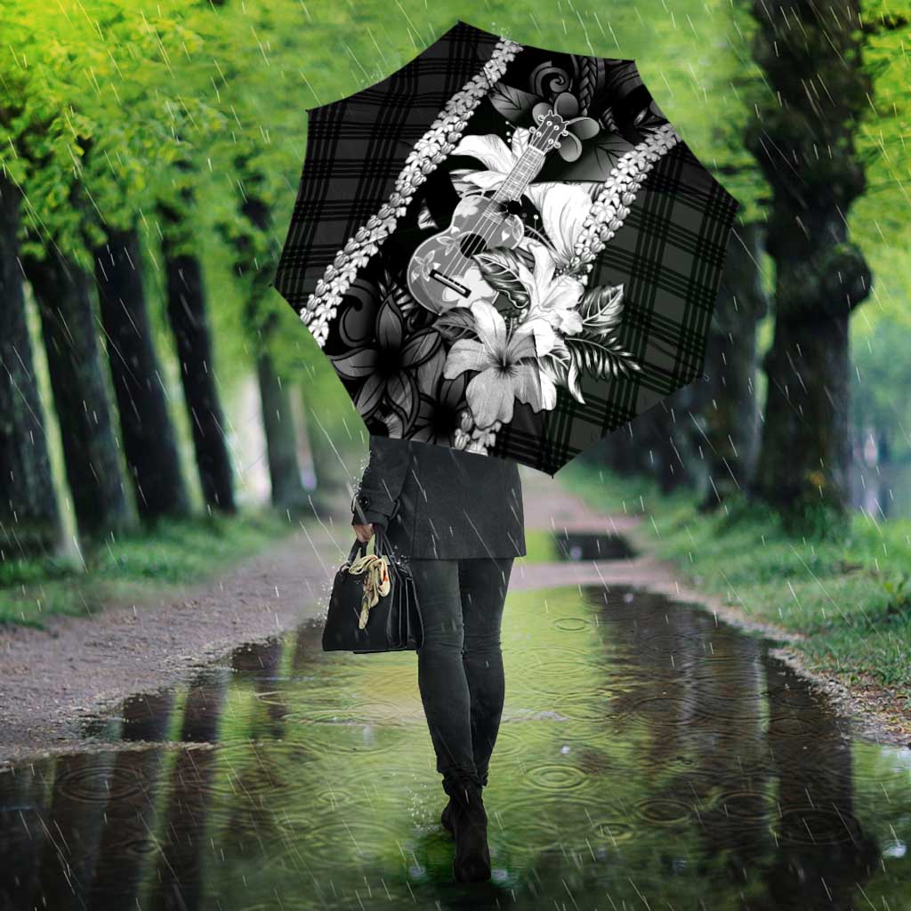 Hawaii Ukulele Umbrella Tropical Flowers With Palaka Effect Black Version - Polynesian Pride