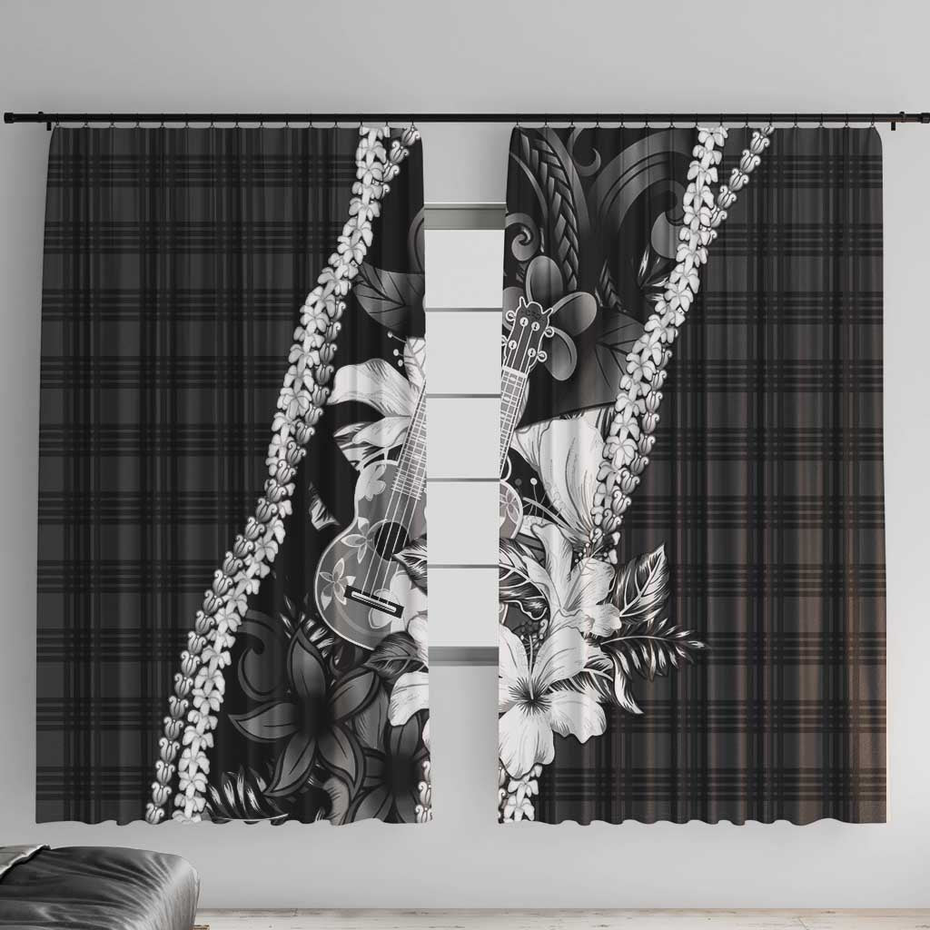 Hawaii Ukulele Window Curtain Tropical Flowers With Palaka Effect Black Version LT05 With Hooks Black - Polynesian Pride