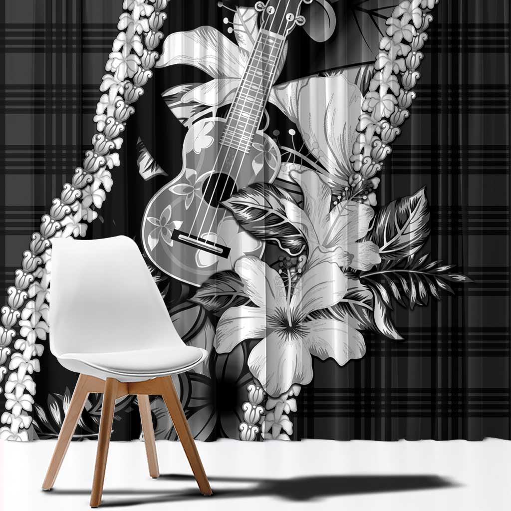 Hawaii Ukulele Window Curtain Tropical Flowers With Palaka Effect Black Version LT05 - Polynesian Pride