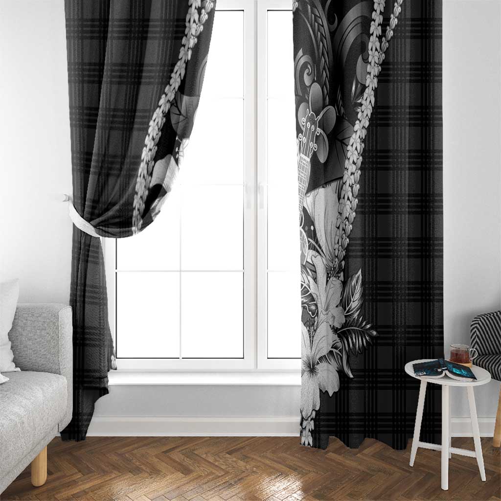 Hawaii Ukulele Window Curtain Tropical Flowers With Palaka Effect Black Version LT05 - Polynesian Pride