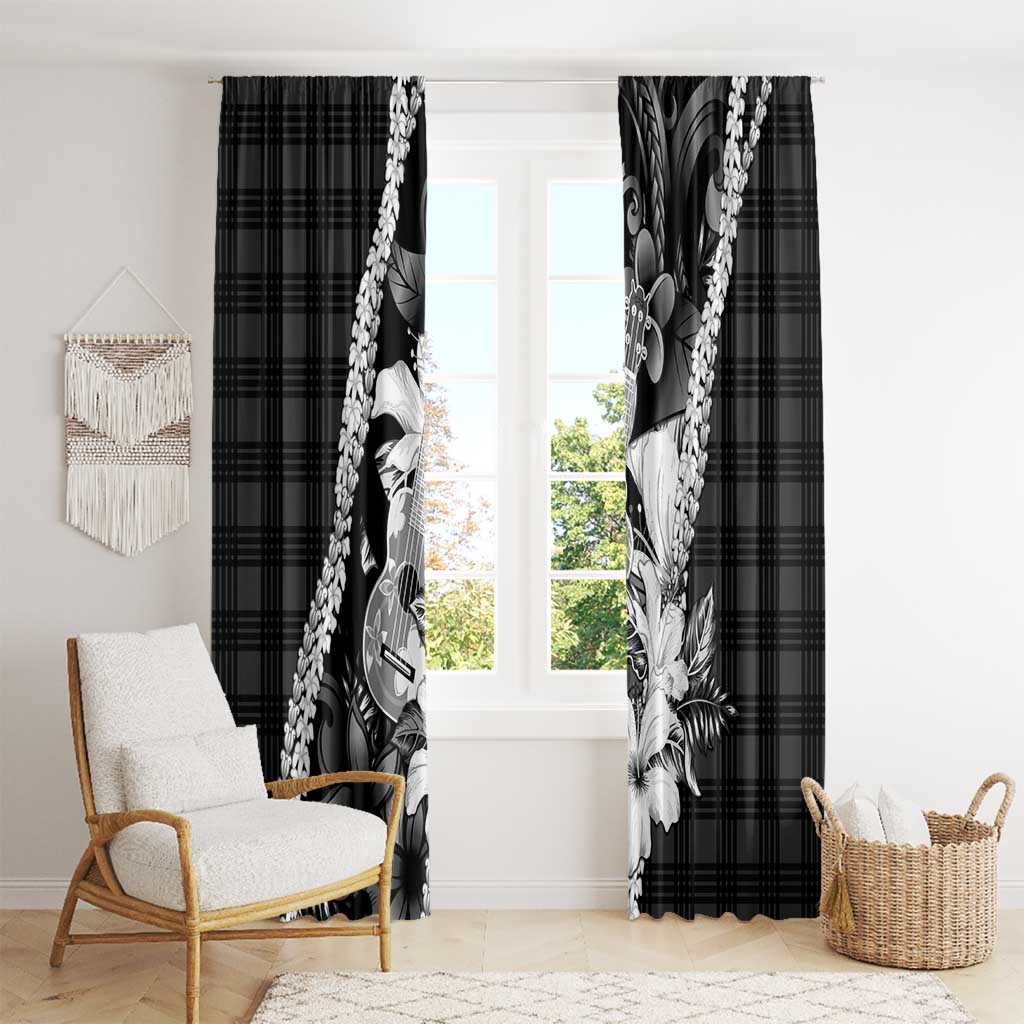Hawaii Ukulele Window Curtain Tropical Flowers With Palaka Effect Black Version LT05 - Polynesian Pride