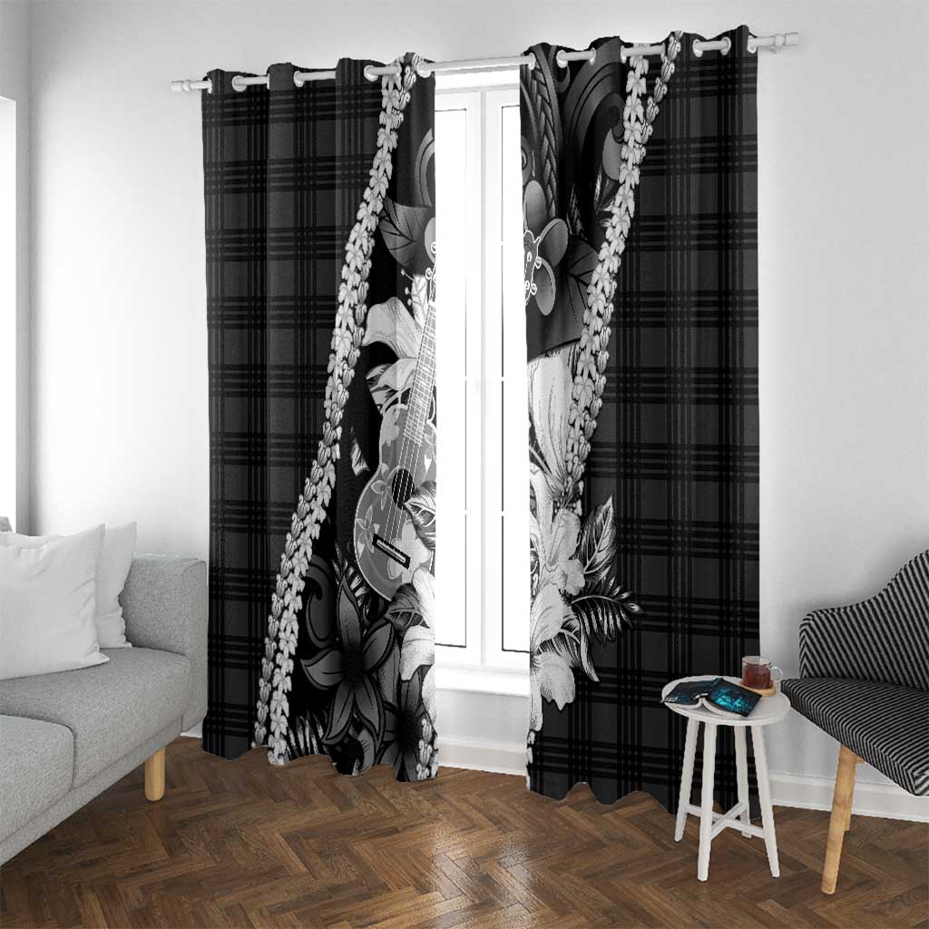Hawaii Ukulele Window Curtain Tropical Flowers With Palaka Effect Black Version LT05 With Grommets Black - Polynesian Pride