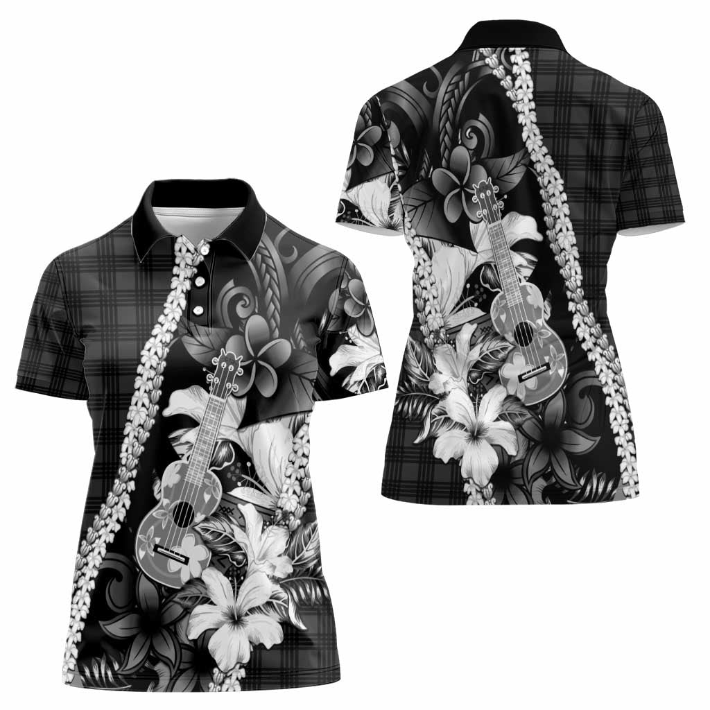 Hawaii Ukulele Women Polo Shirt Tropical Flowers With Palaka Effect Black Version - Polynesian Pride