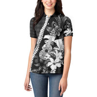Hawaii Ukulele Women Polo Shirt Tropical Flowers With Palaka Effect Black Version - Polynesian Pride